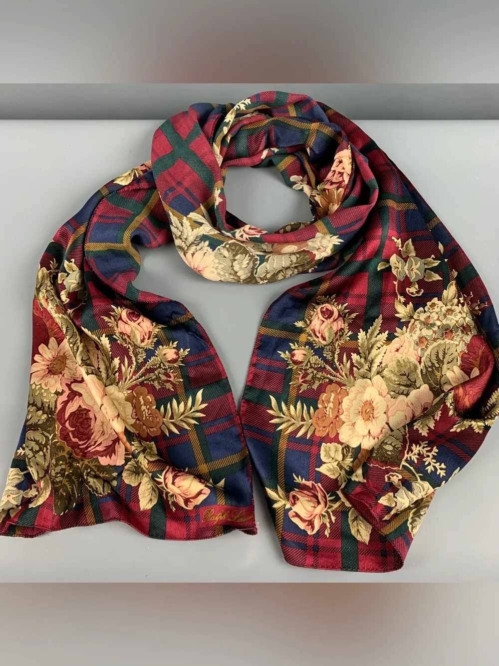 Vtg RALPH LAUREN Silk Floral Plaid Winter Scarf